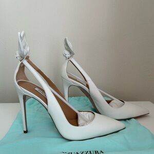 NIB Aquazzura Leather Bow Tie White Pumps Sz 37 EU